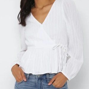 American Eagle AEO White Long Sleeve Wrap Peplum Blouse